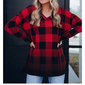 Sew In Love Ombré Red Black Buffalo Plaid Soft Long Sleeve Top Women’s S NWOT